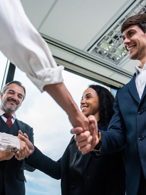 Caucasian businessman making a handshake together while stand in office.